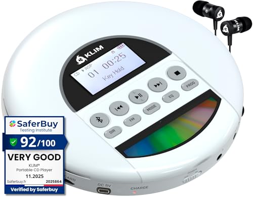 KLIM Nomad - New - Portable CD Player with Long-Lasting Battery - with Headphones - Radio FM - Compatible MP3 CD Player Portable - TF Card Radio FM Bluetooth - Ideal for Cars - White
