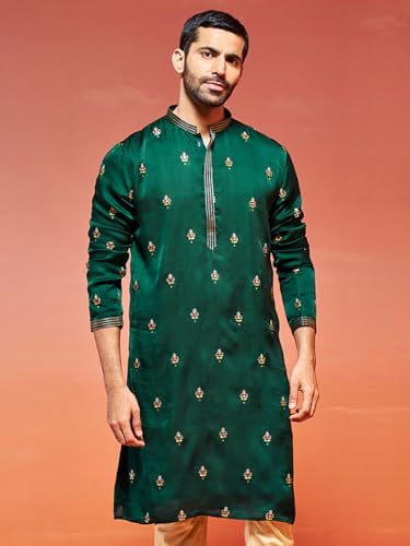 Image of VASTRAMAY VM Mens Silk Blend Kurta - Timeless Elegance for Festivals & Events | Banarasi Cotton with Silk Dobby Jacquard Mandarin Collar Full Sleeves Kurta with a Contrast Piping