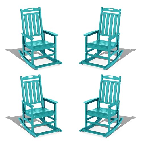 LOUNZY Outdoor Rocking Chair with Footboards Set of 4, HDPE Rocking Chair Patio Porch Rocker with 380lbs Support for Adult, Aruba Set of 4 Aruba