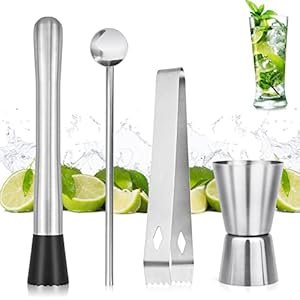 4 Stück Cocktail Stößel Set, Edelstahl Mojito Cocktailstößel Bar Tool Set für Oktoberfest, Mojito Cocktail rührlöffel…