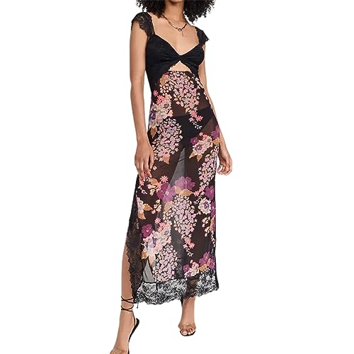 Image of Women Sexy Lace Patchwork Mesh Dress Floral Print Cutout Sweetheart Neck Backless Slit Summer Maxi Dress