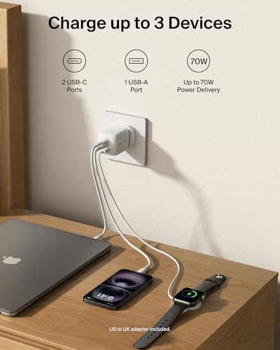 Belkin 3-Port USB-C Plug 70W, Multi-Port GaN Wall Charger with 2x USB-C & 1x USB A Ports, UK and US Plug Tips, Fast Charging for MacBook, iPhone 16, iPad, Samsung Galaxy S25, Google Pixel, etc - White - Image 3