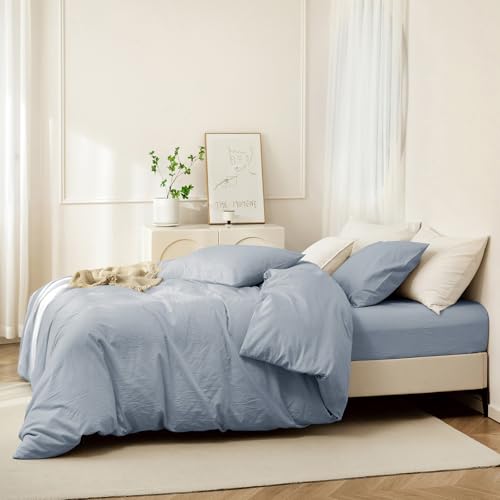 JIYUAN 100% Washed Cotton Duvet Cover Set 2 Pieces Twin, 1 Duvet Cover 68x90 Inches(Comforter Not Included) and 1 Pillowcases,Linen Feel Bedding Set Comfy and Breathable, Heathered Light Blue