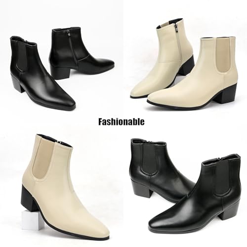 Classic High Heel Heighten Side Zipper Chelsea Boots For Men Leather Fashion Pointed Toe Chunky Block Heel Elastic Mid-Calf Slip On Dress Ankle Booties For Business Party Wedding4