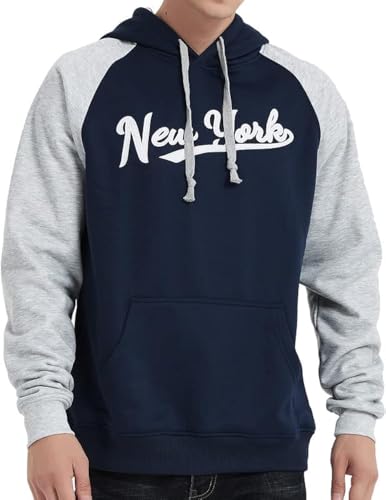 DELUSPTOMAY Mens New York Baseball Team Big Embroidery Hooded Sweatshirt Pullover Casual Hoodie Navy L