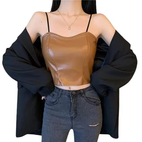 Image of ELEG & STILANCE Women PU Leather Non-Padded Non-Wired Trendy Sleeveless Crop Top Bra