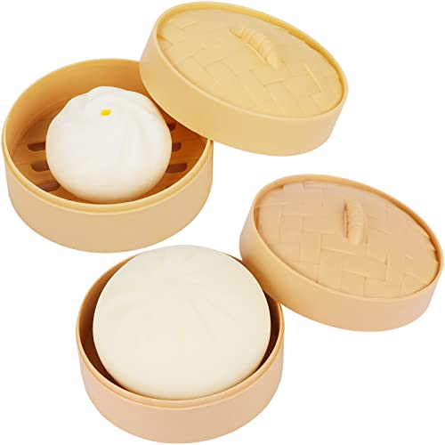 UHOMENY 2Pcs Dumpling Squishy Stress Balls, Big Fidget Sensory Toy Stress Ball Dough Ball Squishy Stress Relief Bun Mini Custard Bun and Squeeze White Big Ball Anti Stress Bun with Food Steamer