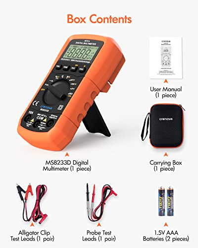 Crenova MS8233D Multímetro DC AC Voltímetro Ohm Volt Amp Tester para voltaje Corriente Resistencia Capacitancia Continuidad Diodo Frecuencia NCV Live Wire Test con LCD retroiluminada de 6000 recuentos