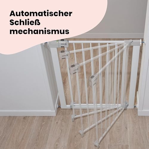 Safety 1st Auto Close Gate, Treppenschutzgitter ohne Bohren, 73–80 cm (max. 136 cm erweiterbar), automatisch schließendes Türschutzgitter, mit einer Hand öffnen, kein Bohren, Zweifachsicherung, Weiß