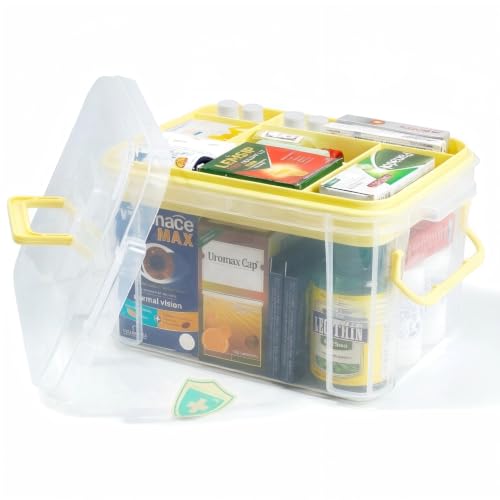 Image of HEY FOLY 15qt Yellow Medicine Organizer Storage Box with Tray, Plastic First Aid Box Empty, Thickened Medicine Container Chest, Multipurpose Medical Case with Labels, Medicine Caddy with Lids Handles