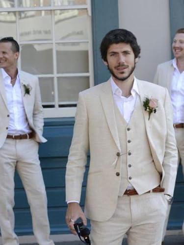Mens Linen Suit 3 Piece Slim Fit Summer Beach Wedding Suit Casual Lightweight Suits for Men Tuxedo Set4