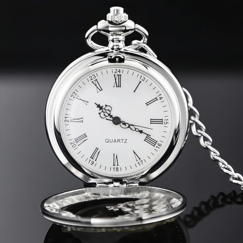 Image of Dragon Design Quartz Pocket Watch Roman Numerals with Chain Birthdays Gifts for Father's Days