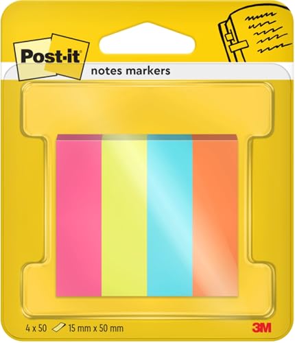 Post-it Notes Markers, 4 Pads 12.7 mm x 44.4 mm, 50 Sheets/Pad, Blue, Green, Orange, Pink - to Mark, Highlight or Color Code Important Information