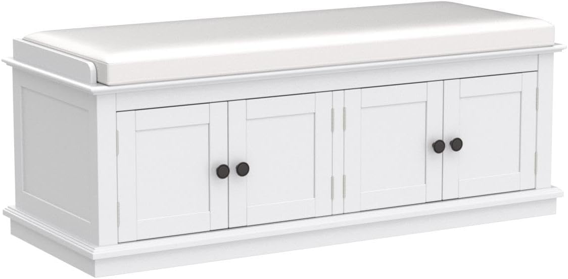 P PURLOVE Farmhouse Storage Bench for Entryway,Wood Storage Benches with Adjustable Shelves,Shoe Bench with Storage and Removable Cushion for Entryway,White