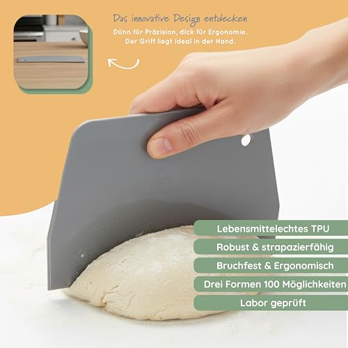 Foto von Backefix Teigschaber Set — 3 Teigkarten & Teigschneider mit gerader, runder, gezackter Karte — BPA-freies, flexibles Küchenwerkzeug zum Schaben, Formen, Glätten und Portionieren von Teig aller Art