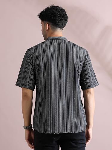 Image of Filori Lurex Checks Design Short Kurta | Pure Cotton | Half Sleeves | Mandarin Collar
