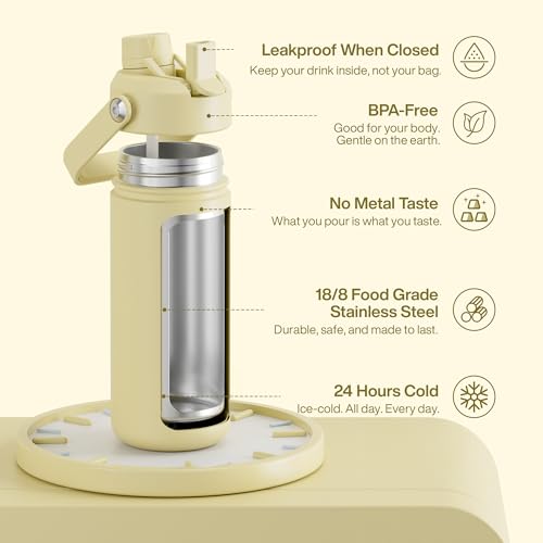 Image of ENCOOL Insulated Water Bottle with Straw Stainless Steel Water Bottle, Leak-Proof, BPA-Free, Double Wall Vacuum Keeps Cold for 24 Hours for Sports, Travel, School (18 oz, Light Vanilla)