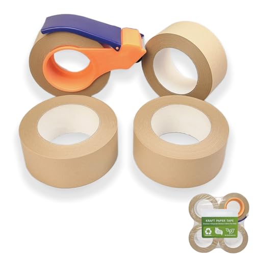 Hijelyn Kraft Paper Shipping Tape with Dispenser, Eco-Friendly Brown Paper