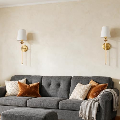 Image of Gold Wall Sconces Set of 2 Hardwired Dimmable Beside Wall Lamp with Switch Fabric Shade Bathroom Wall Light for Bedroom Living Room
