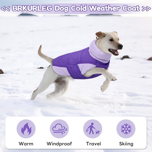 Image of BRKURLEG Dog Coat, Turtleneck Winter Jacket with Harness for Small Medium and Large Dogs, Windproof Reflective Warm Fleece Dogs Snowsuit with Hook & Loop, Dog Coats for Cold Weather, Purple XXL