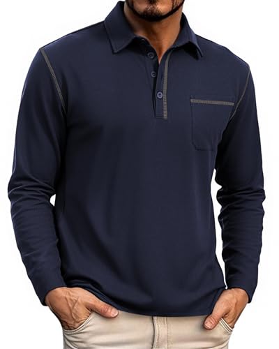 HMIYA Herren Poloshirt Langarm Männer Knopfkragen Baumwolle Polo Hemd Basic Polohemd PulloverGolf Casual T-Shirt,Navy Bl...