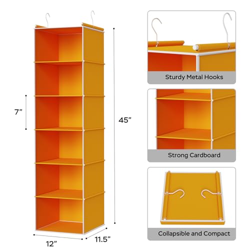 Image of MAX Houser 6-Shelf Hanging Closet Organizer, Hanging Storage Shelves with 2 Sturdy Hooks Space-Saving for Bedroom, Foldable (Yellow)