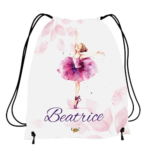 Caribu design Sacca Personalizzata con Nome per Asilo, Scuola Materna/Elementare, Nido, Sport - Zaino Bambina Tema Danza Ballerina - Idea Regalo