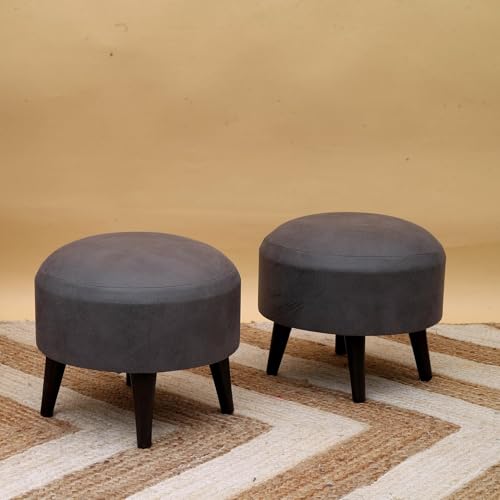 Image of Wooden Ottoman Stool Combo /Bundle for Sitting with Wooden Legs | Round Bench Coffee /Side /End Table for Living Room Furniture Home Dressing Decor - Storage Cum Seating Box (16-in Grey) 03-Pc