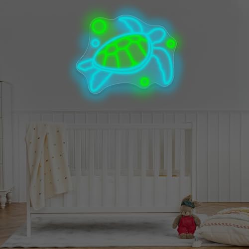Image of Ocean Turtle Neon Sign, Cute Turtle LED Sign, 16.5 inchx13 inch, Green, Acrylic, Wall Mount, Modern, Animal, Portrait