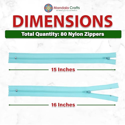 Image of Mandala Crafts 80 PCs Turquoise Closed-End 15 Inch Nylon Zippers for Sewing