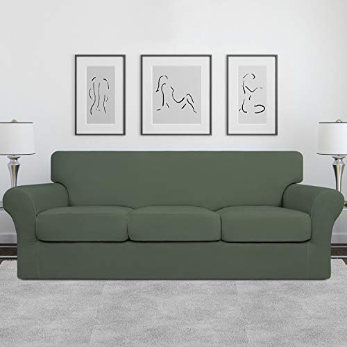 Image of Easy-Going 4 Pieces Stretch Soft Couch Cover for Dogs - Washable Sofa Slipcover for 3 Separate Cushion Couch - Elastic Furniture Protector for Pets, Kids (Sofa, Greyish Green, Large) | Sofa Slipcover for Stretch 3 Separate Sectional Cushion Couch - Furniture Protector for Pets, Kids Greyish Green