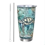 YPPAHHHH Ocean Turtle Starfish Retro Map 20 Oz Tumbler With Lid And Straw, Steel Insulated Coffee Mug Travel Cup Water Bottle For Birthday Gifts, Hot And Cold Drinks