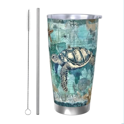 YPPAHHHH Ocean Turtle Starfish Retro Map 20 Oz Tumbler With Lid And Straw, Steel Insulated Coffee Mug Travel Cup Water Bottle For Birthday Gifts, Hot And Cold Drinks