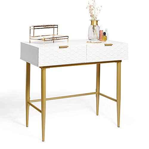 Beautify BTFY White Dressing Table for Bedroom - Honeycomb Design Vanity Desk with Drawers - Make Up Desk with Glossy Lacquer Finish - Geometric Console Table, Gold Legs & Handles - For Home Office
