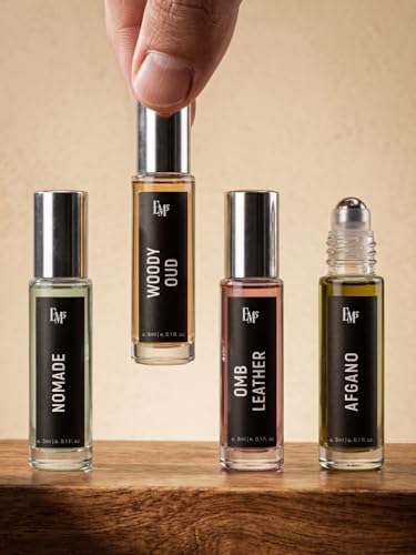 Image of EM5 Set of 4 Pure Perfume Oil (Attar) Roll-On Masculine Set - FDA Approved, Skin Safe, IFRA Compliant | Alcohol Free & Travel Friendly | Nomade, Woody Oud, Omb Leather & Afgano | Strong & Long Lasting Roll On Perfume | Luxury Gift For Men | 3ml x 4