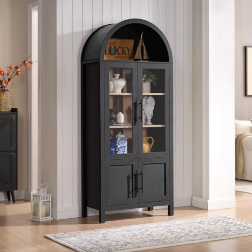 Image of 71 inch Tall Arched Display Cabinet, 5-Tier Bookshelf Modern Farmhouse Arched Bookcase with Glass Doors and Shelves, Wooden Pantry Storage Cabinet for Living Room, Office and Kitchen, Black