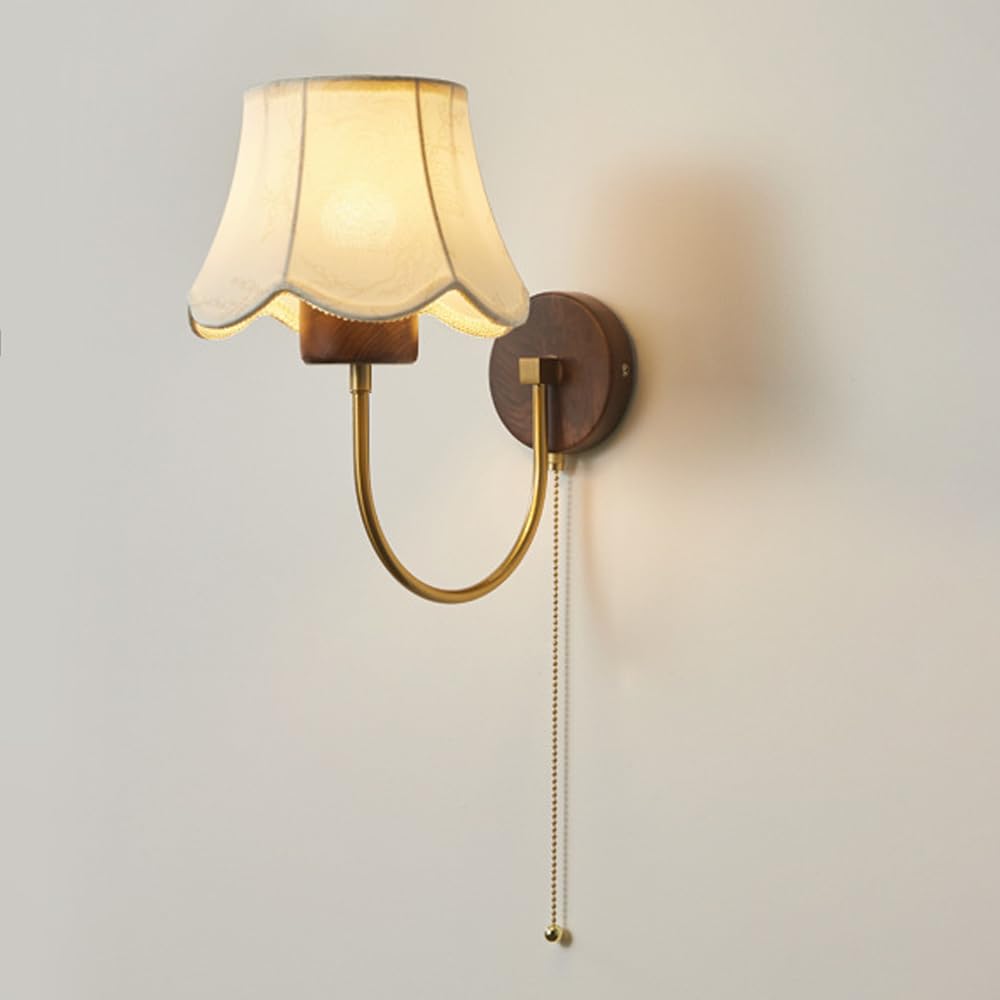 Applique da Parete in Legno Vintage, Lampada da toeletta in Ottone a 1 Luce, Paralume in Tessuto, con Interruttore a Catena, Lampada da Parete Decorativa per Interni, per Camera da Letto, comodin