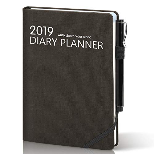 Wilbest® Planificador Diario 2019-2020 A5, Diario Académico con Cubierta Dura de Cuero PU, Cierre Elástico, Marcador, Anillo de Pluma Flexible, Página de Notas&Bolsillo Interior - Negro