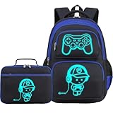 AUIVTY Boys Backpack with Lunch Box Glow in Dark Gamer Bookbag Kids Ages 4-12 Kindergarten Elementary Middle School Gaming Backpack, Luminous Game Boy Black