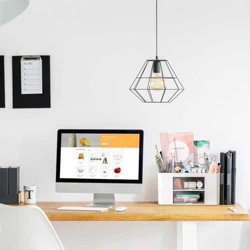 Image of Recluse White Plastic Table Organiser,Desk Organiser with 5 Compartments and 2 Small Drawers Organizer for Home or School,Office Organiser,Small Items Such as Stationery and Remote Control