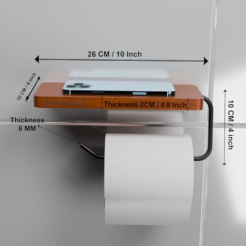 Image of Wooden Toilet Paper Holder with Phone Shelf for Bathroom Roll Holder- Matte Black Metal Tissue Roll Stand for Wall Mount - No Drill - Smartphone Shelf Organizer