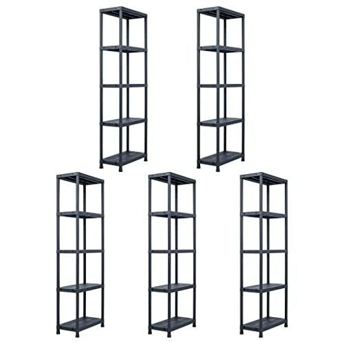 Molumvel Juego de 5 estanterías de almacenamiento negras 60 x 30 x 180 cm, de plástico, 125 kg, capacidad de carga pesada, para sótano, garaje, taller, despensa