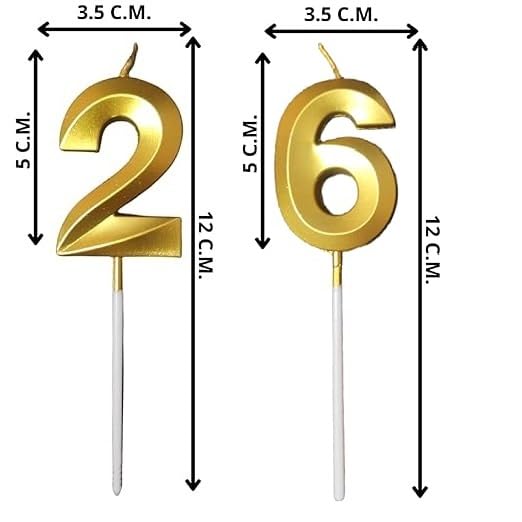 Image of ToyUniverse Number 26 Metallic Gold Candle for Twenty Sixth Birthday, Anniversary, Surprise Party Cake Decoration (Pack of 2)