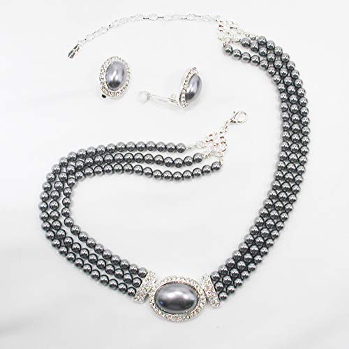 Christina Collection Uniklook Women's Multi Strands Gray Pearl Crystal Necklace Clip On Earrings Set Costume Jewelry #TOP3