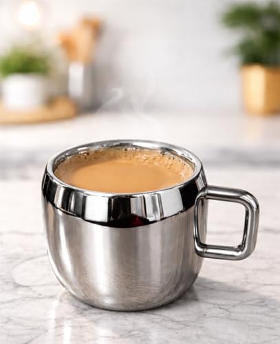 Image of Stainless Steel Tea Cups Set of 6 with Handle | Mirror Finish Chai Cups | 90ml Tea & Coffee Serving Cups Rust Resistant Double wall Apple Shaped (Silver)