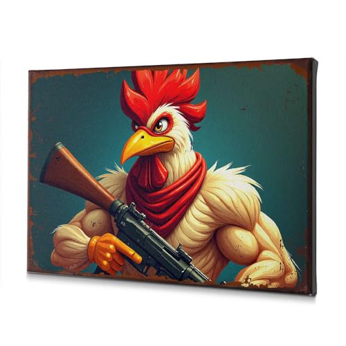 Coq musclé tenant un fusil sur toile 30x40 cm pour sublimer votre déco de salon