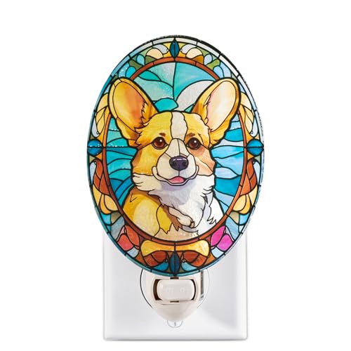 Image of Dog Night Light Corgi, Stained Glass Styled Plug-in Wall Nightlight, Bulb Included, Pet Memorial Dog Lover Gift, Bedroom Hallway Bathroom Decor, Manual On /Off Switch