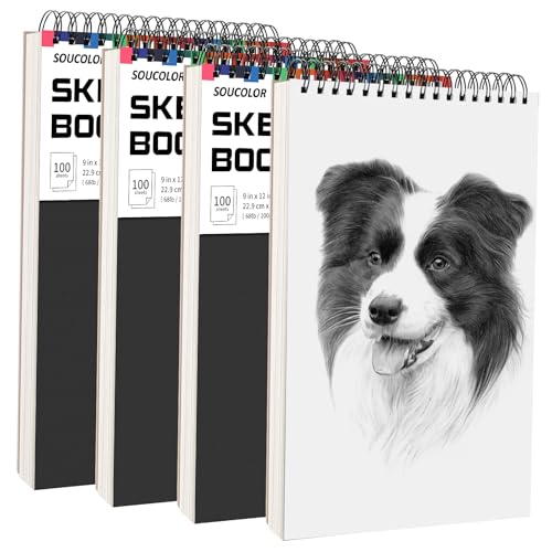 Image of Soucolor Artist 9x12 Sketch Book Set, 4 Pack 400-Sheet Spiral Drawing Pads | Skerch Book for Adults 68lb /100gsm | Acid-Free Drawing Paper for kids Art Supplies,Charcoal,Graphite,Pastel Pencils & Sticks