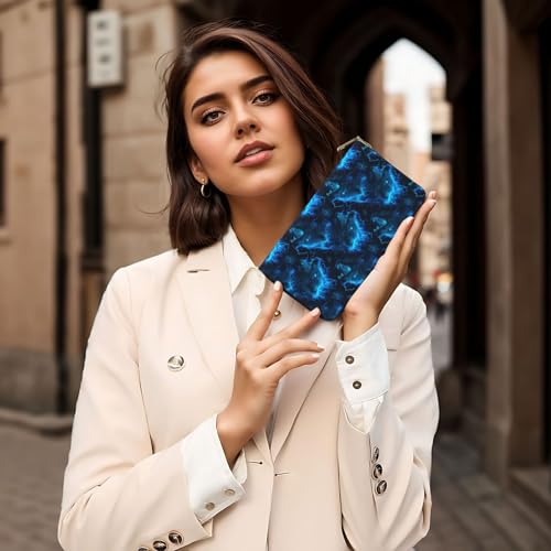 Leather Thin Slim Wallets for Women Men - Fashion Blue Lightning Wolf flamePrint Card Wallet Holder with Zipper 6