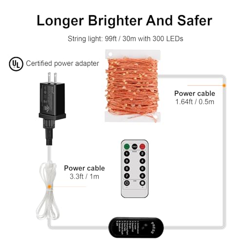 Moobibear LED String Lights 99ft 300 LEDs 2 Packs Fairy Lights, Dimmable Outdoor/Indoor Starry String Lights, Warm White Copper Lights with Remote for Garden Room Patio Party Decor